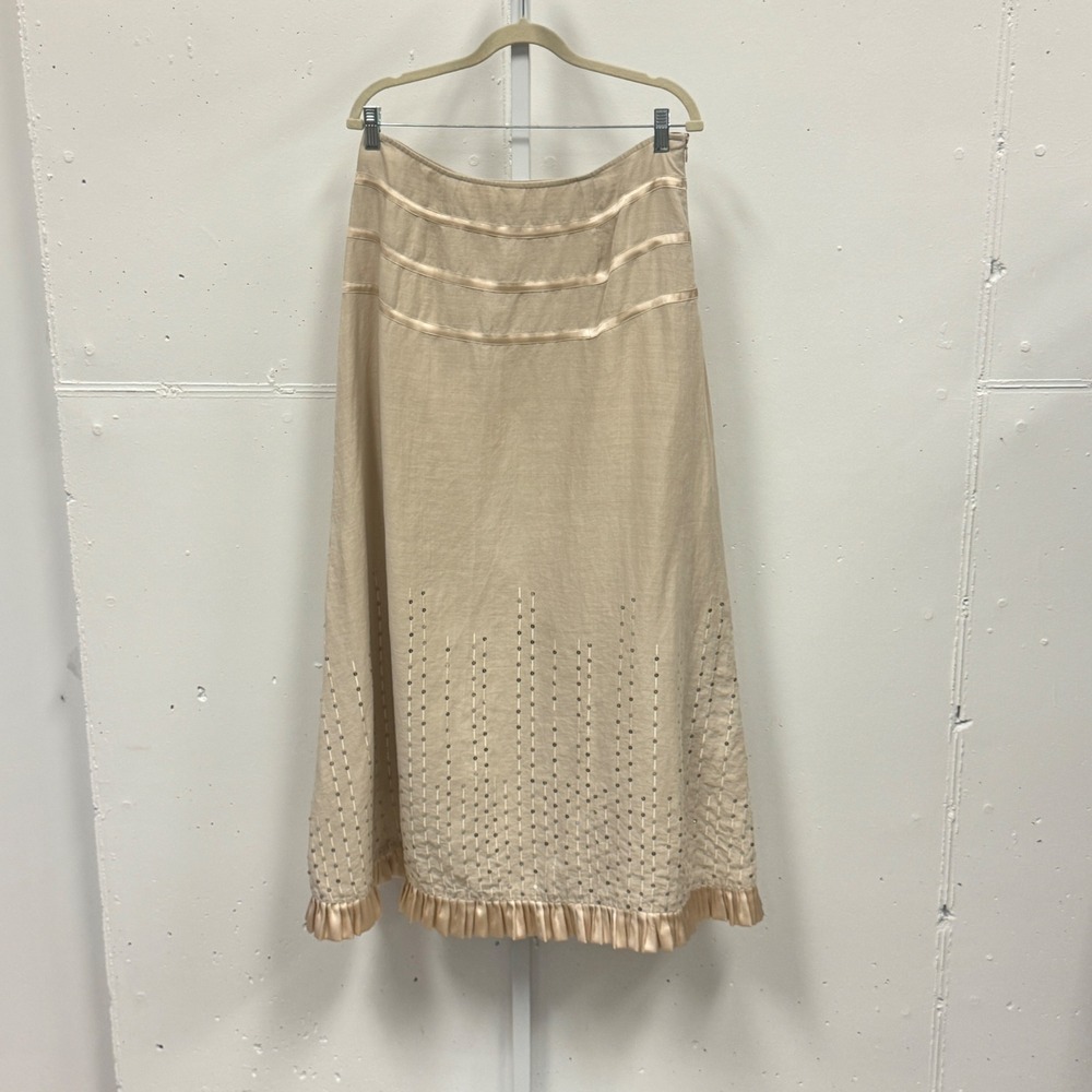 Essence Tan Sequin Ruffle Hem Midi Skirt Satin Trim Size 30 Neutral Boho Chic